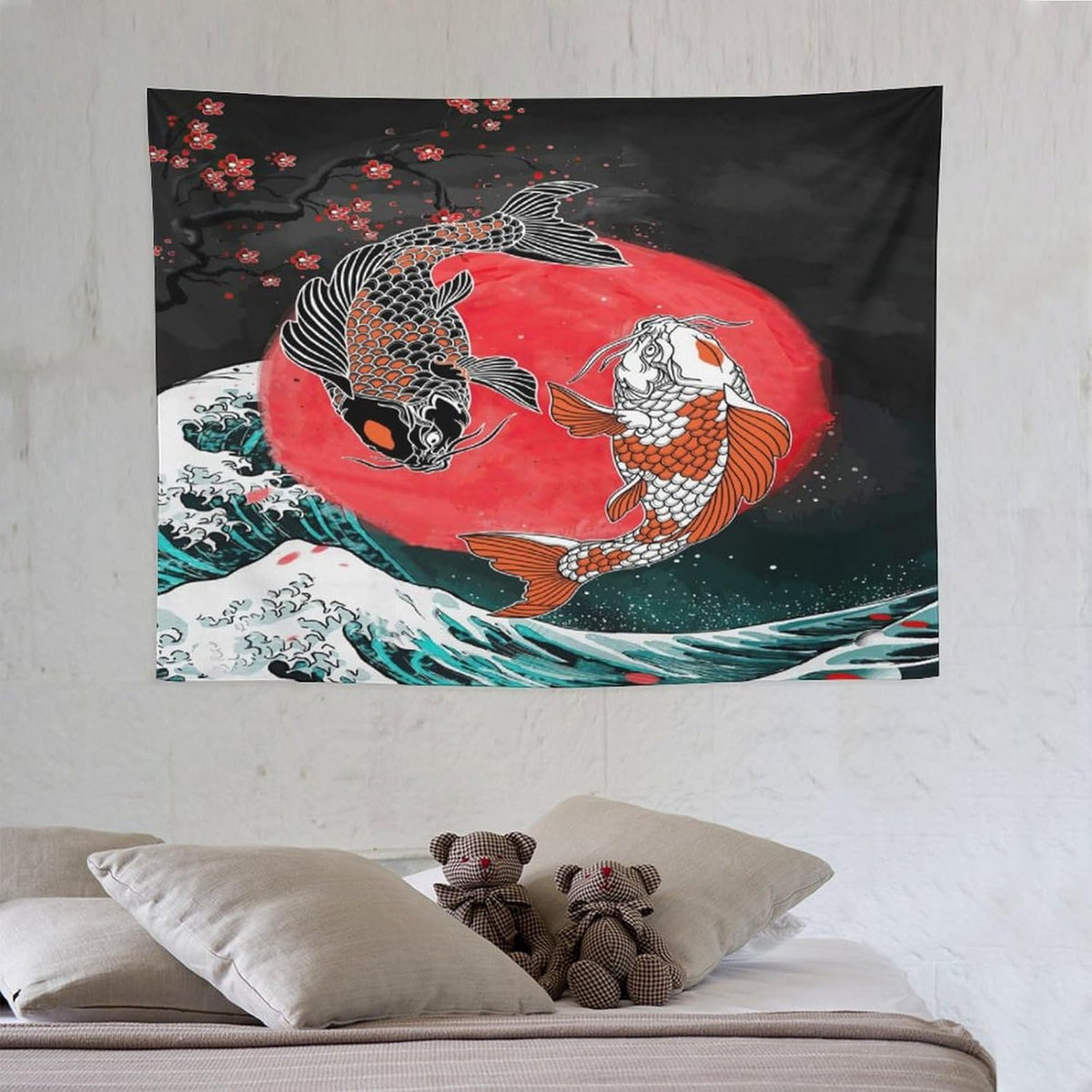 Houselerax Koi Fish Tapestries,Japanese Style Yin Yang Big Wave Cherry Blossoms Tapestry Wall Hanging for Bedroom Living Room Office Decor 40"x30"