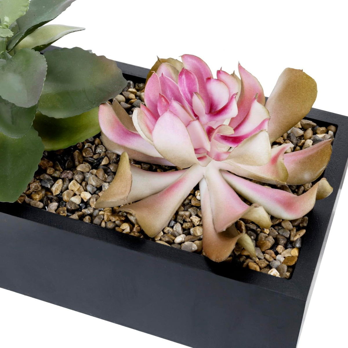 MyGift Artificial Assorted Succulent Arrangement in Rectangular Black Wood Planter Box, Fake Plant Decor
