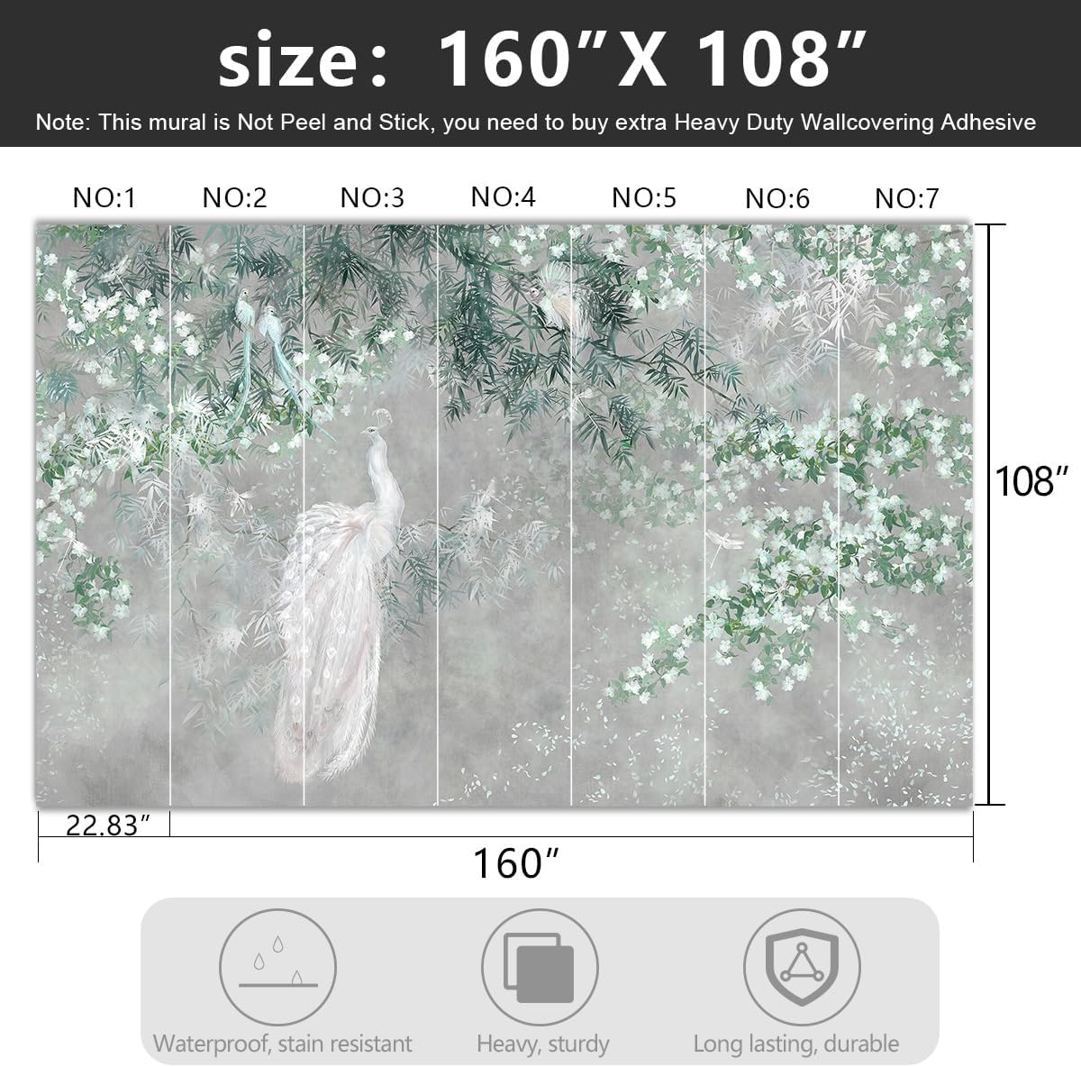 -Green Leaf Botanical Peacock Fabric Wallpaper Wallpaper Living Room Bedroom Bathroom Grey Plant Large Wall Mural- 160"x108"（ not Peel and Stick）
