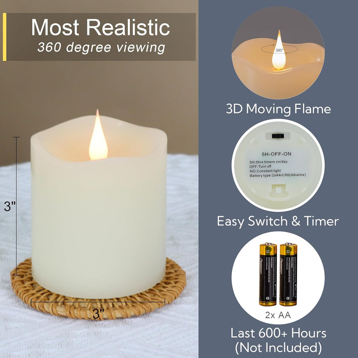 Flameless Candles Battery Operated with Remote Timer, 3D Moving Flame Flickering, Last 600+ Hours Battery Candles, 3" x 3" Ivory Real Wax Electric LED Candle for Wedding Party, Set of 2