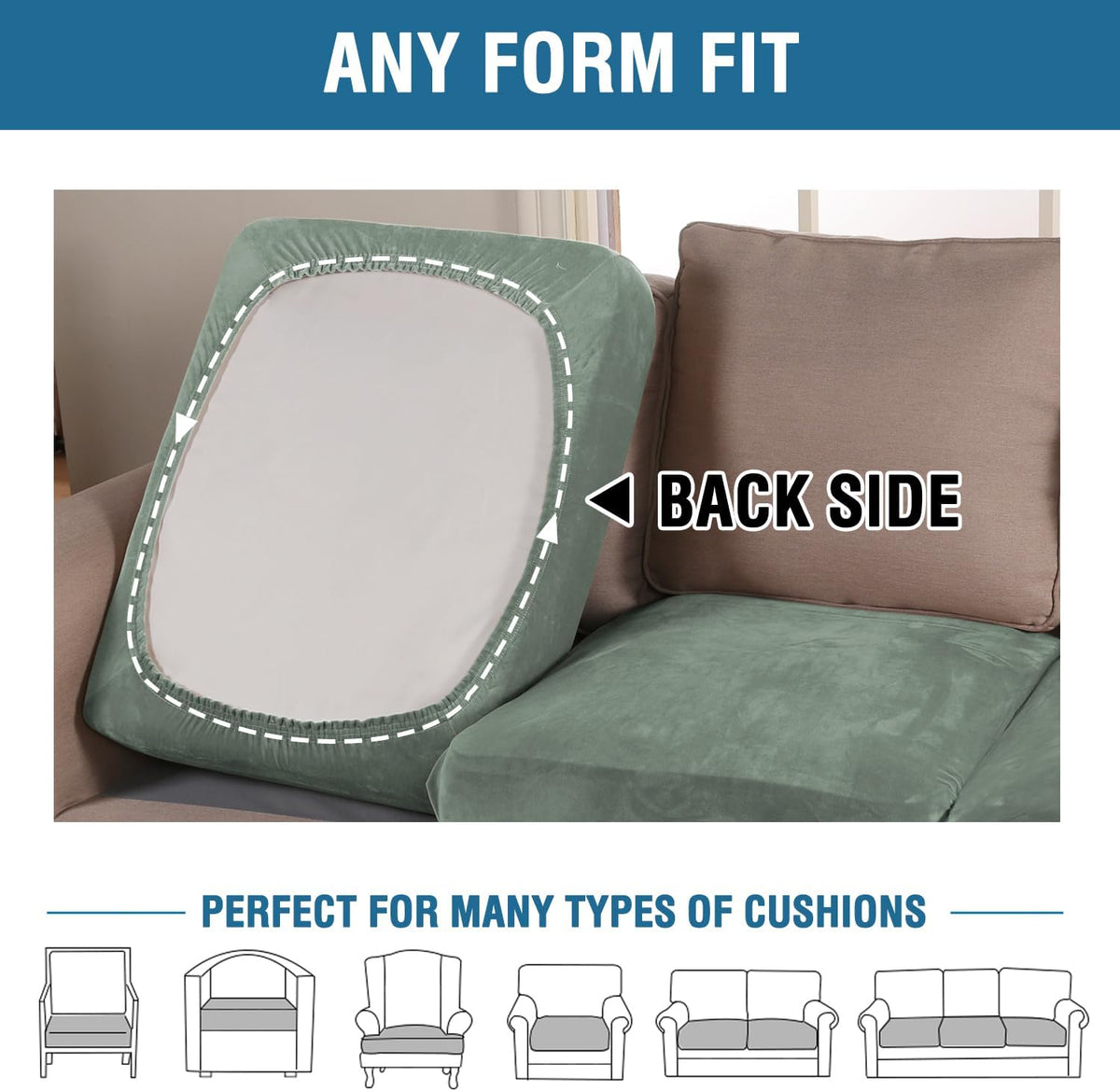 H.VERSAILTEX Velvet Stretch Couch Cushion Cover Plush Cushion Slipcover for Chair Cushion Furniture Protector Seat Cushion Sofa Cover (1 Piece Armchair Cushion Covers, Sea Grass)