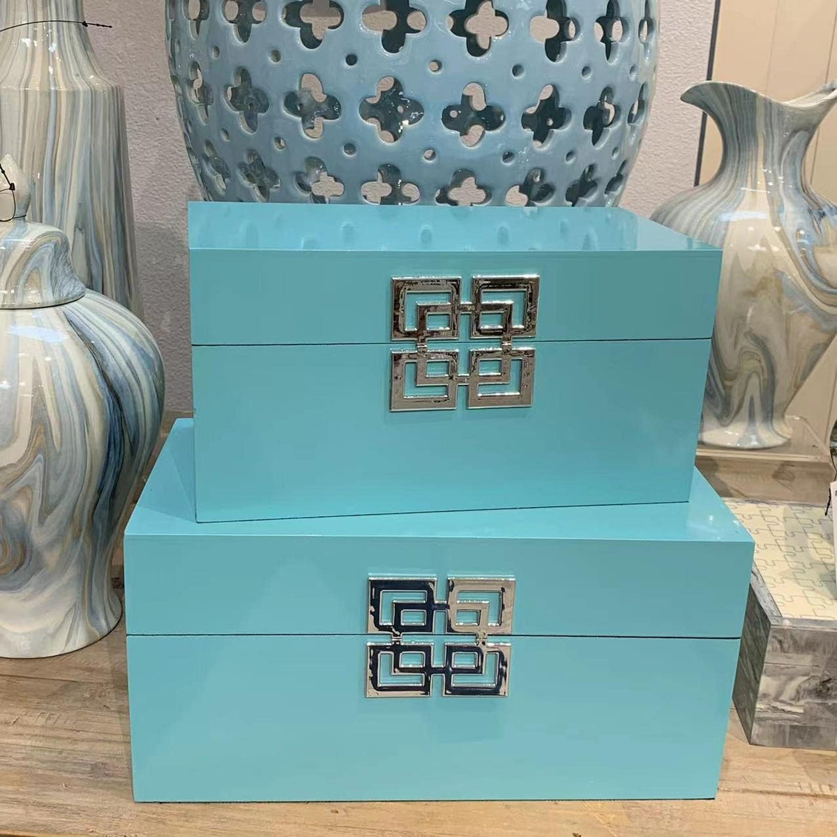 Galt International Large & Small Decorative Storage Box w/Hinged Lid - Classic Design Wood Decor Boxes with Geometric Opening Clasp - Storage for Bedroom and Home - Set of 2 (Blue)