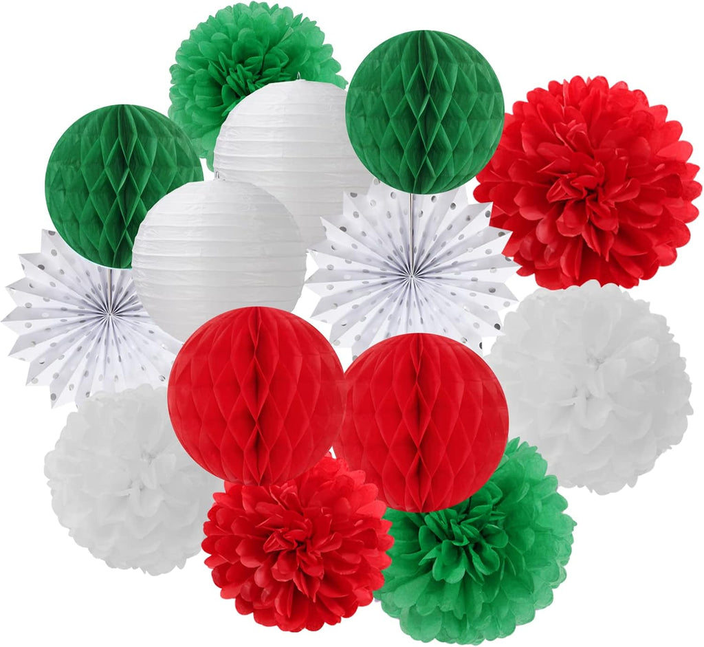 Red-Green White Party Decorations - 14pcs Winter Birthday New Year Paper Lanterns Fan,Italian Tissue Pom Poms Streamers,Honeycomb Balls, Wedding Baby Shower Decor Lasting Surprise