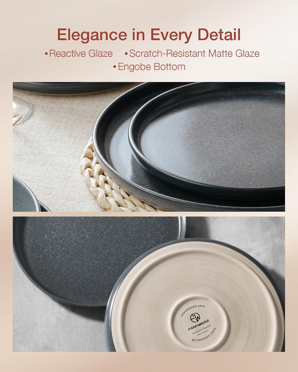 Famiware Milkyway Plates and Bowls Sets, 12 Pieces Dinnerware Sets, Reactive Glaze Dish Set, Stoneware Dishes Set for 4, Matte Dark Charcoal