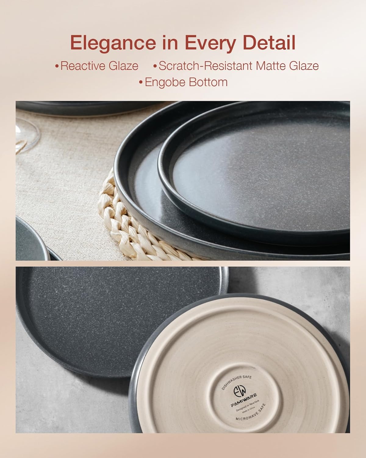 Famiware Milkyway Plates and Bowls Sets, 12 Pieces Dinnerware Sets, Reactive Glaze Dish Set, Stoneware Dishes Set for 4, Matte Dark Charcoal