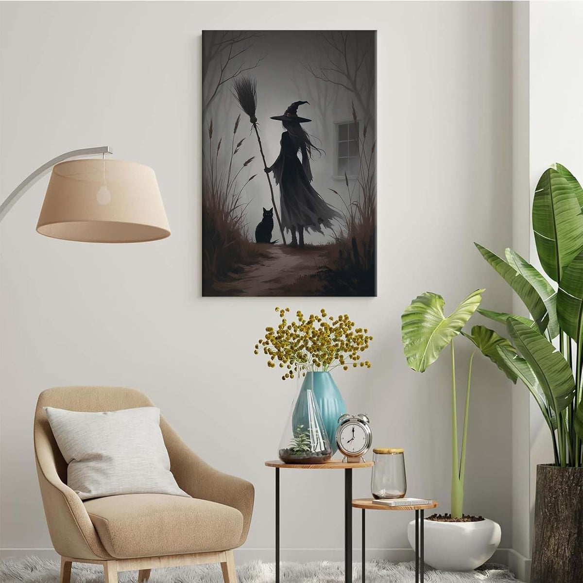 JFHCQJPK Vintage forest witch and black cat poster Halloween mural poster decoration mural art magic suitable for home living room bedroom16x24in Frameless