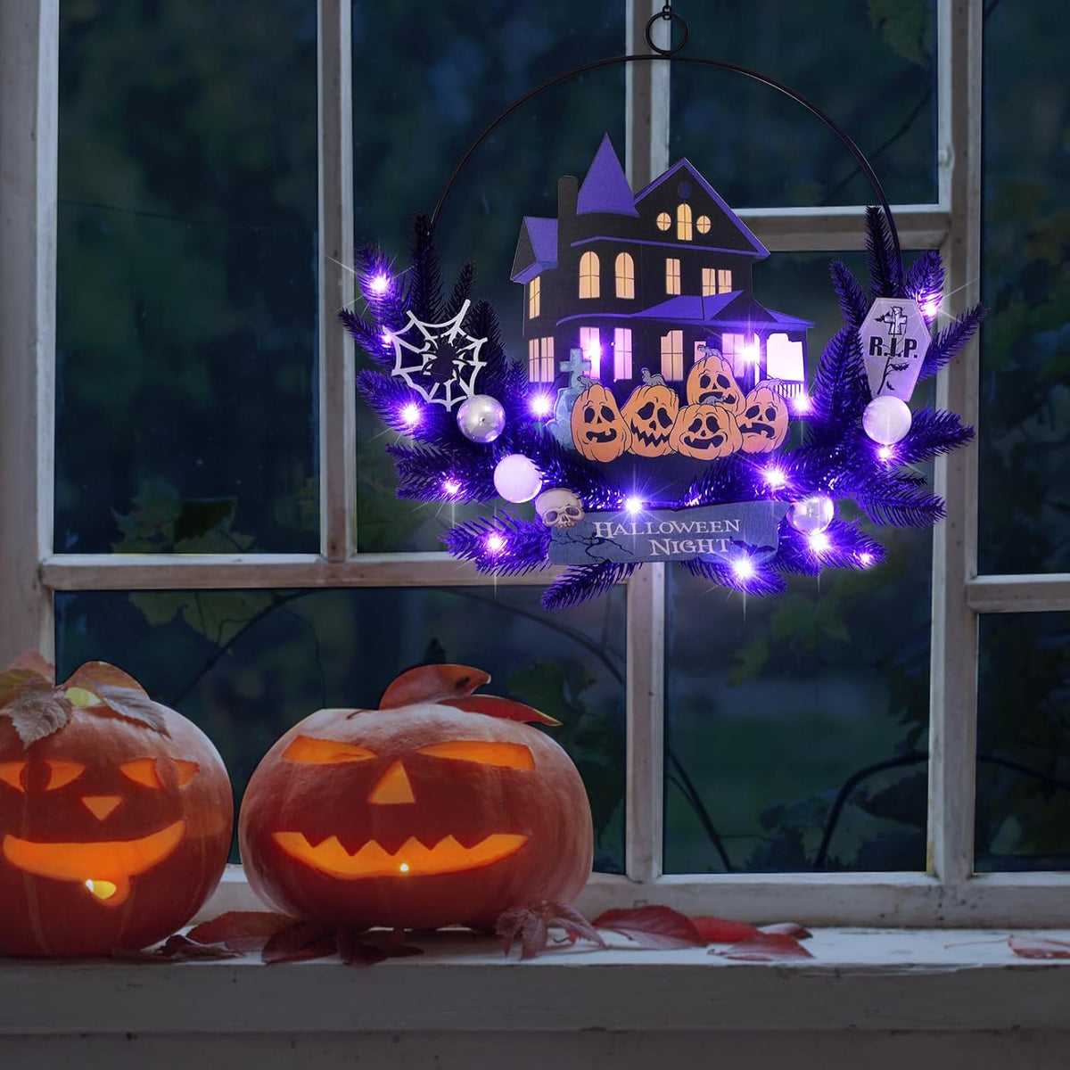 Lighted Halloween Wreaths for Front Door, Welcome Metal Wooden Door Wreath Decor Hanging Sign, 30 LED Lighted Wall Decor Battery Operated for Halloween Indoor Outdoor (Pumpkin)