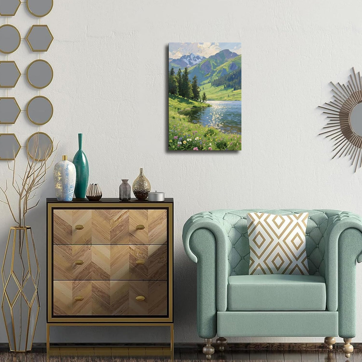 The scenery of mountain streams and green meadows is suitable for living rooms bedrooms offices landscape posters and wall paintings
