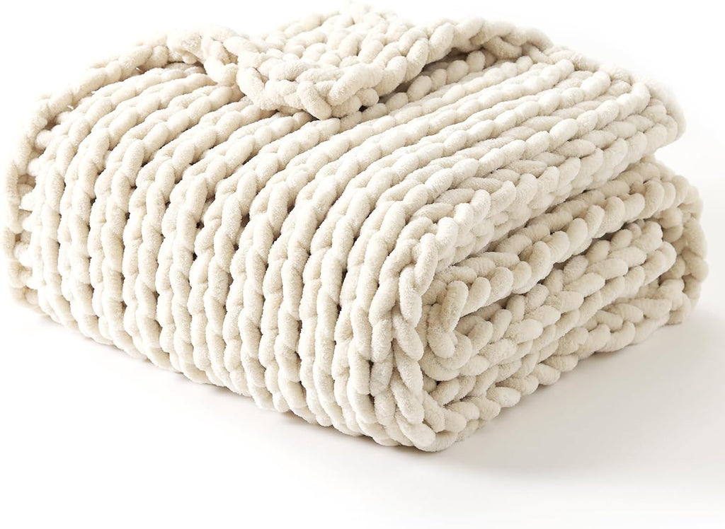 YnM Chunky Throw Blanket, Hand Knitted with Chenille Yarn, Skin Friendly, Ventilated and Breathable, Machine Washable, Home Décor Piece for Couch, Sofa and Bed (Butter Cream, 40x50 Inch)