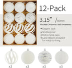 Christmas Ornaments Set of 12, 3.15" Flocked Velvet Balls with Hand Painted Designs, White Elegant Christmas Tree Decorations in Gift Box