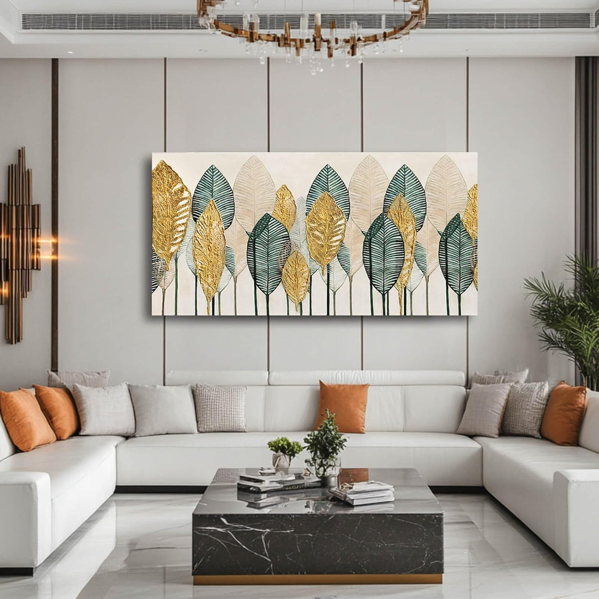 CHUDANHAO Green Canvas Artwork Gold Leaves Painting Beige Art Modern Wall Decor for Office Living Room Neutral Wall Art 29"x58" Print Photos