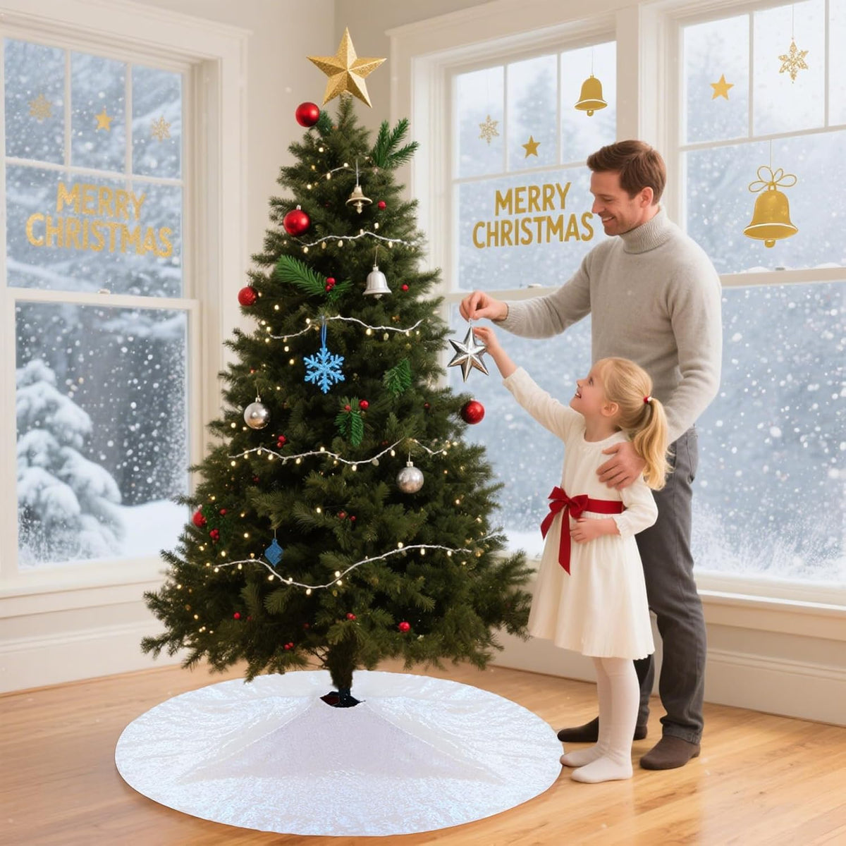 Eternal Beauty Christmas Tree Skirt, 24 Inch White Iridescent Sequin Tree Skirt Small Xmas Tree Skirt for Christmas Tree Decorations