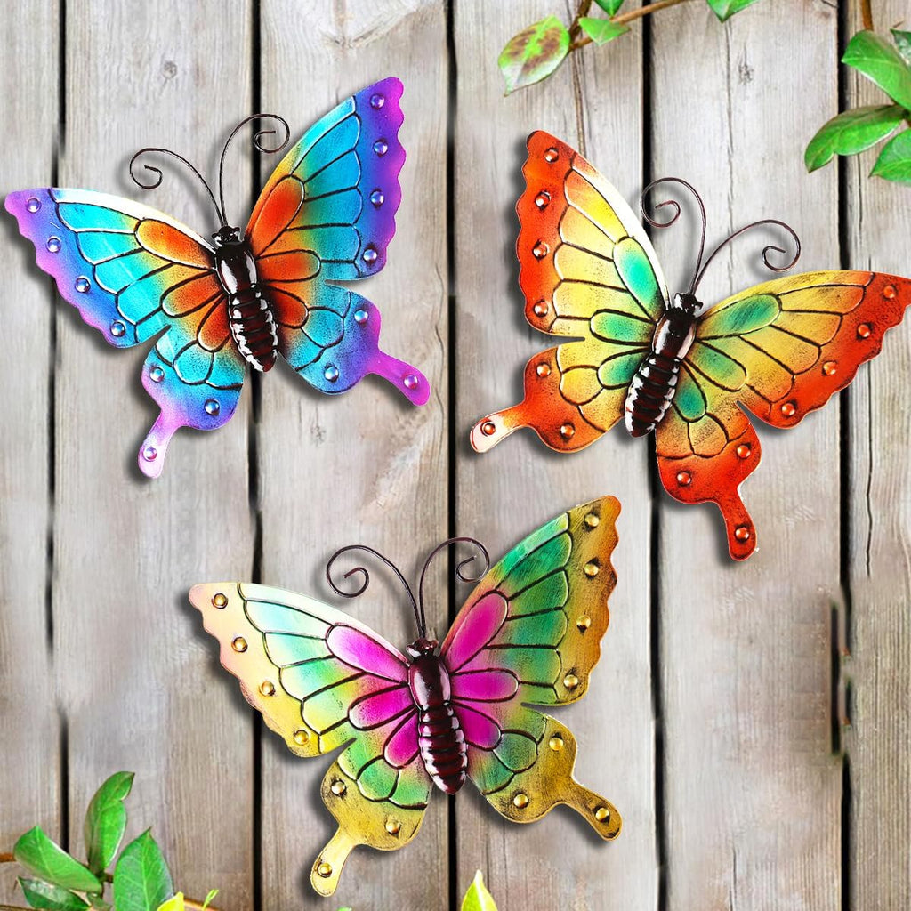 MACLARONX 3Pcs Metal Butterfly Wall Decor,11" Large Outdoor Fence Yard Art Butterflies 3D Garden Hanging Decorations Home Balcony Patio Room Indoor