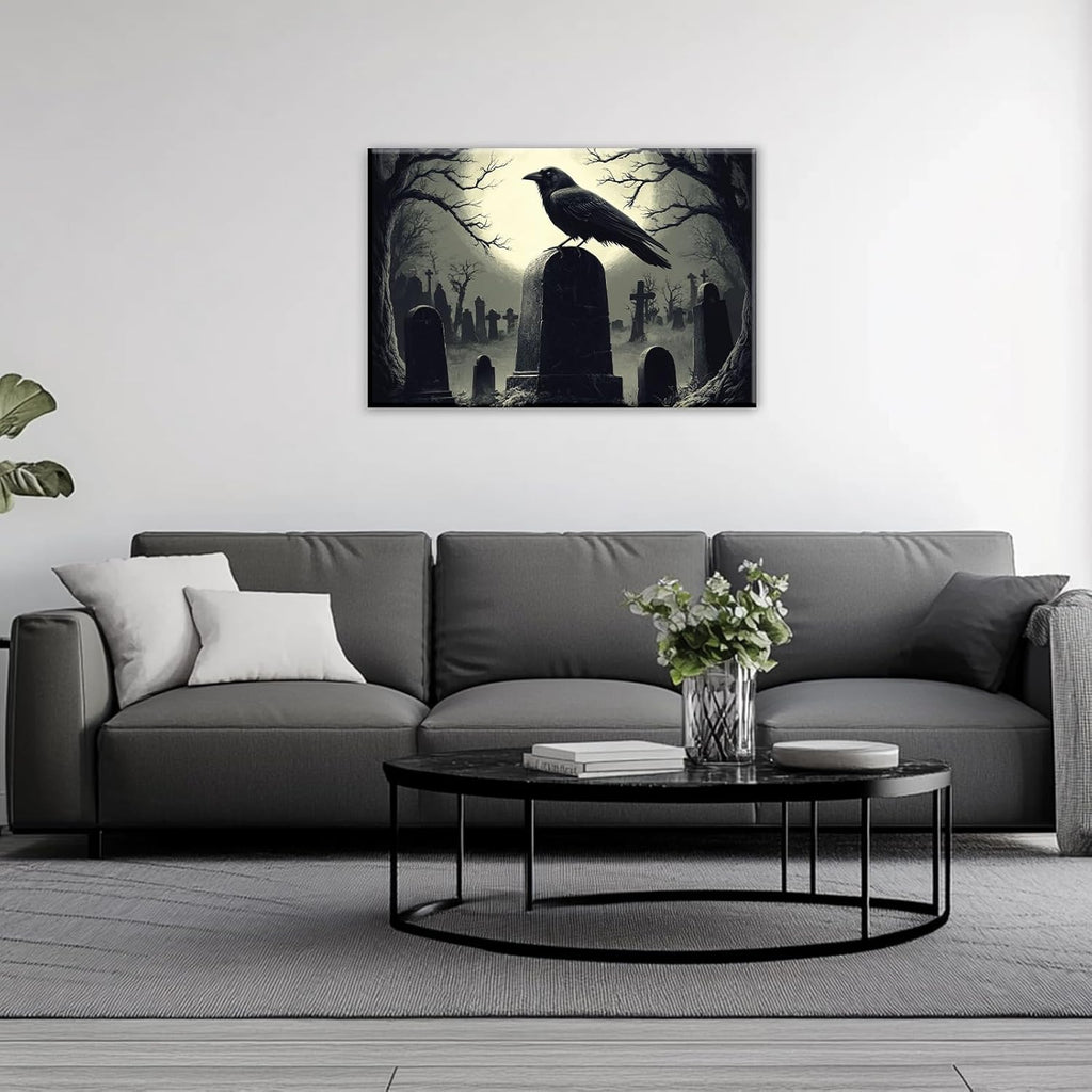 Crow Canvas Wall Art Gothic Black Bird On Branch Painting Print Spooky Forest Full Moon Scenery Poster Artwork Framed Halloween Home Decor(Artwork-3,12"x18")