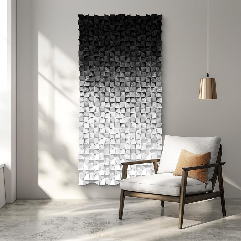 LIUZEYUE - Block Stereoscopic Painting Geometric Modeling Wall Decoration 3D Wooden Artwork Living Room Bedroom Background Wall Office Decoration Black and White Gradient 27.5 x 55.1 inches