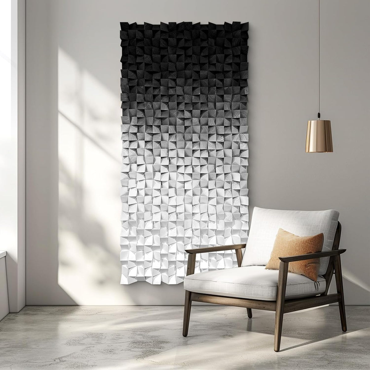 LIUZEYUE - Block Stereoscopic Painting Geometric Modeling Wall Decoration 3D Wooden Artwork Living Room Bedroom Background Wall Office Decoration Black and White Gradient 27.5 x 55.1 inches
