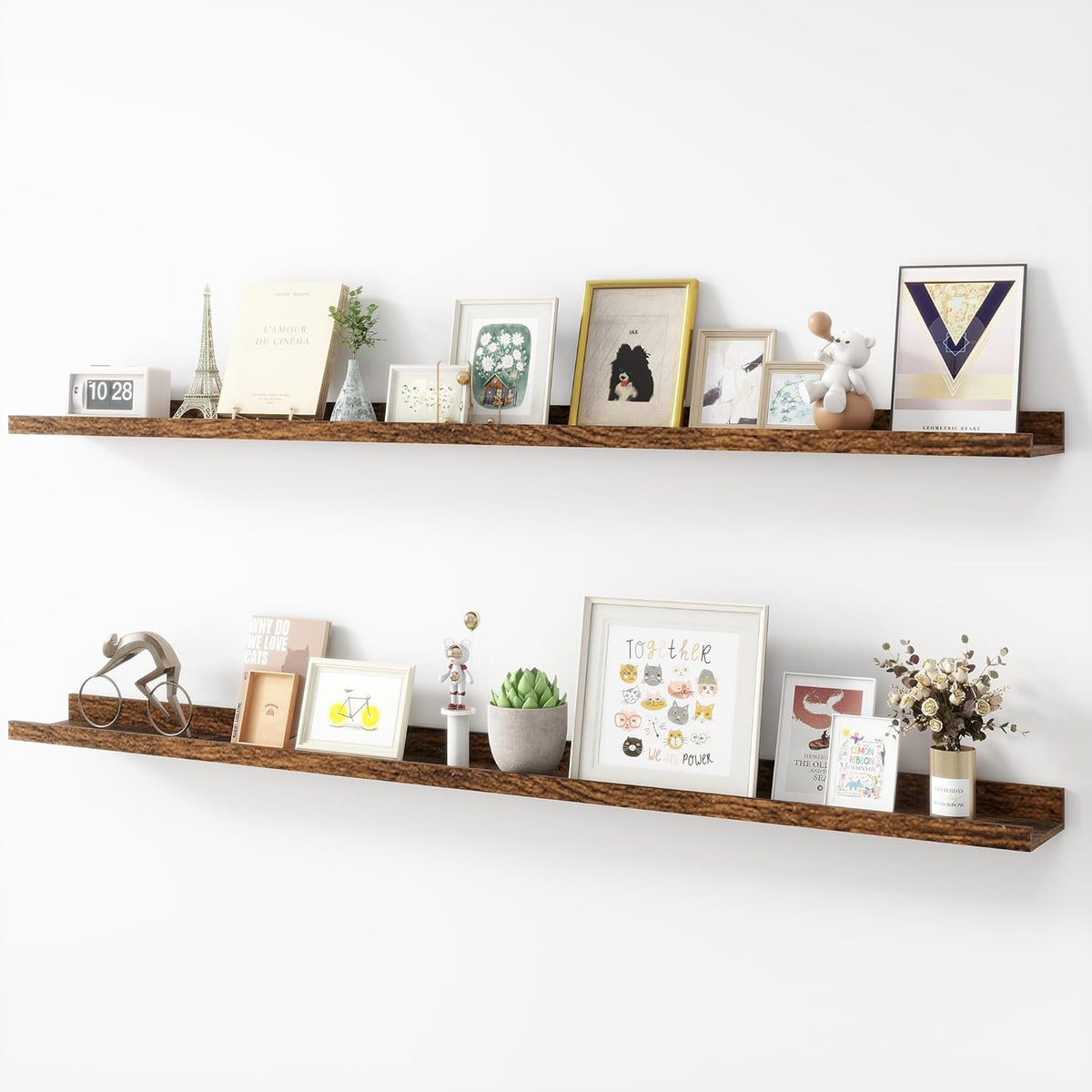 Picture Ledge Shelf, Wood Long Floating Shelves for Wall, Set of 2, 56 inch Picture Ledge Shelves, Photo Ledge Nursery Book Shelves Wall Mounted for Living Room Kids' Room Bedroom, Color Brown