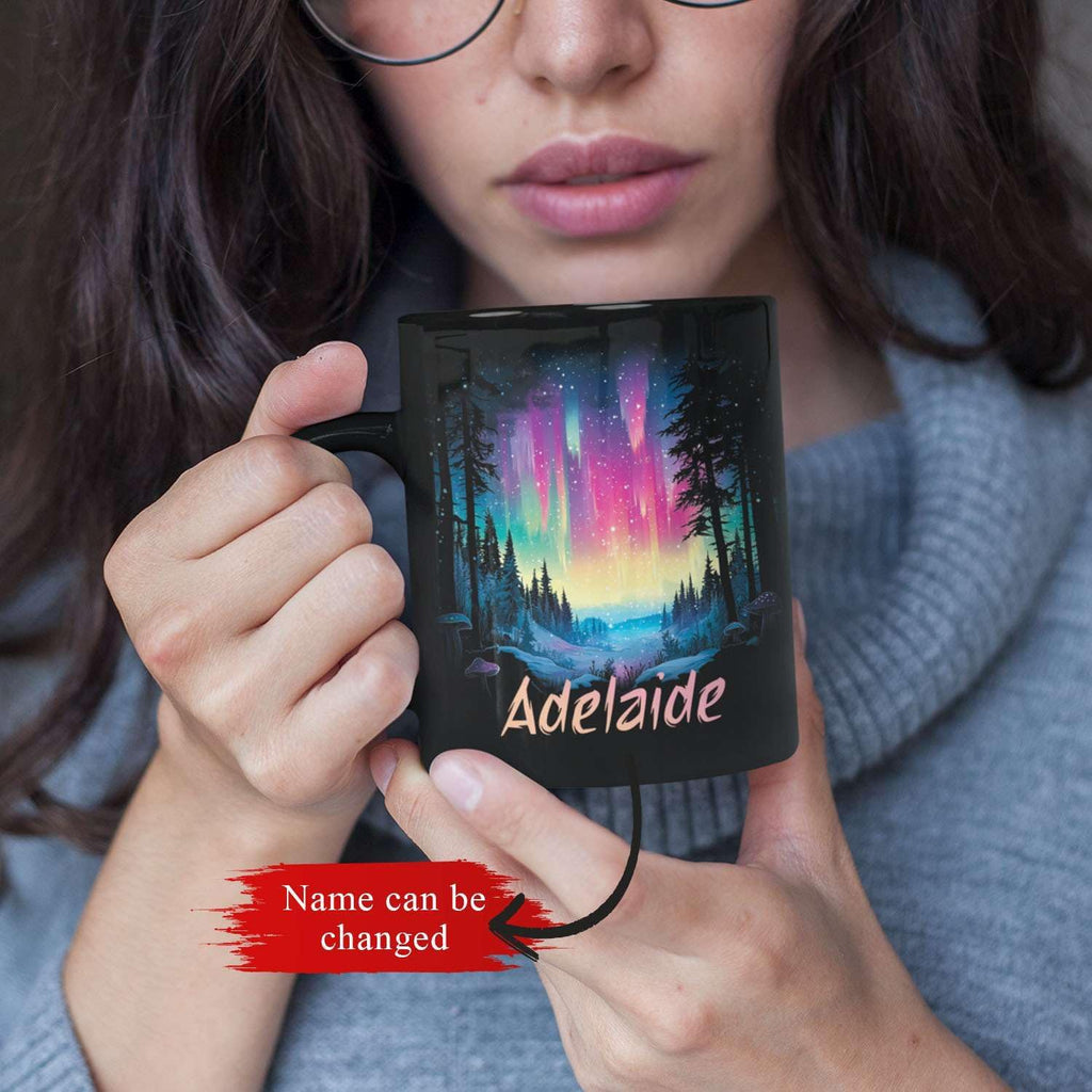 Personalized Winter Landscape Coffee Mug, Custom Northern Lights Ceramic Cup, Enchanted Forest With Vibrant Sky Mug, Custom Choose Name Black Mug 11oz 15oz, Gift For Nature Lovers