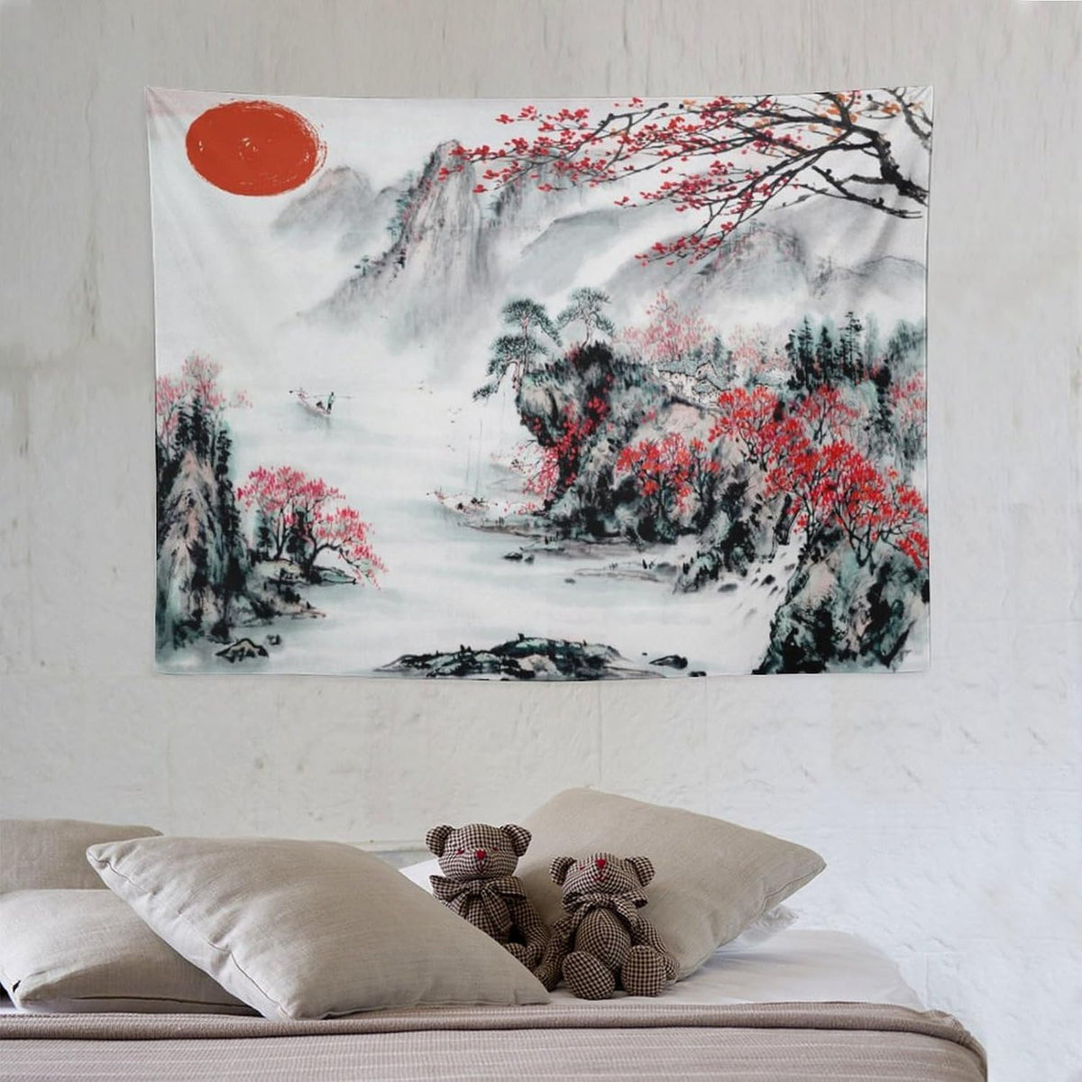 Cherry Blossoms Tapestry, Japanese Red Landscape Asian Watercolor Abstract Art, Bedroom Living Room Decor 40"x30"