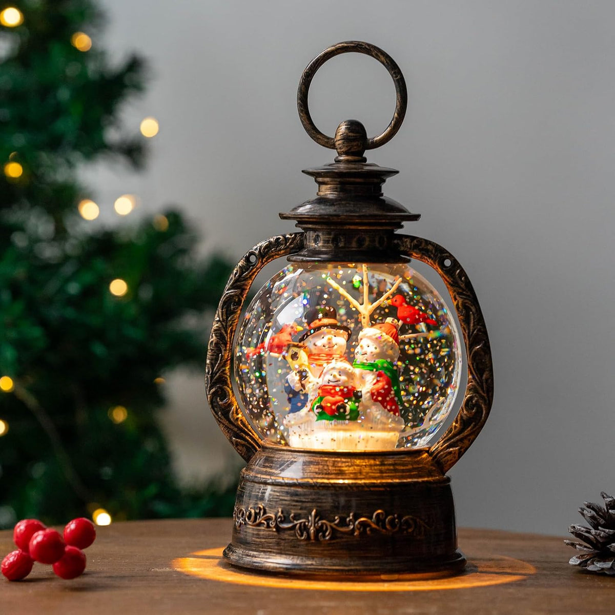 Christmas Snow Globe Lantern Water Glittering Snowman with Music, USB Lined/Battery Operated Lighted Lantern for Christmas Festival Decoration Gifts