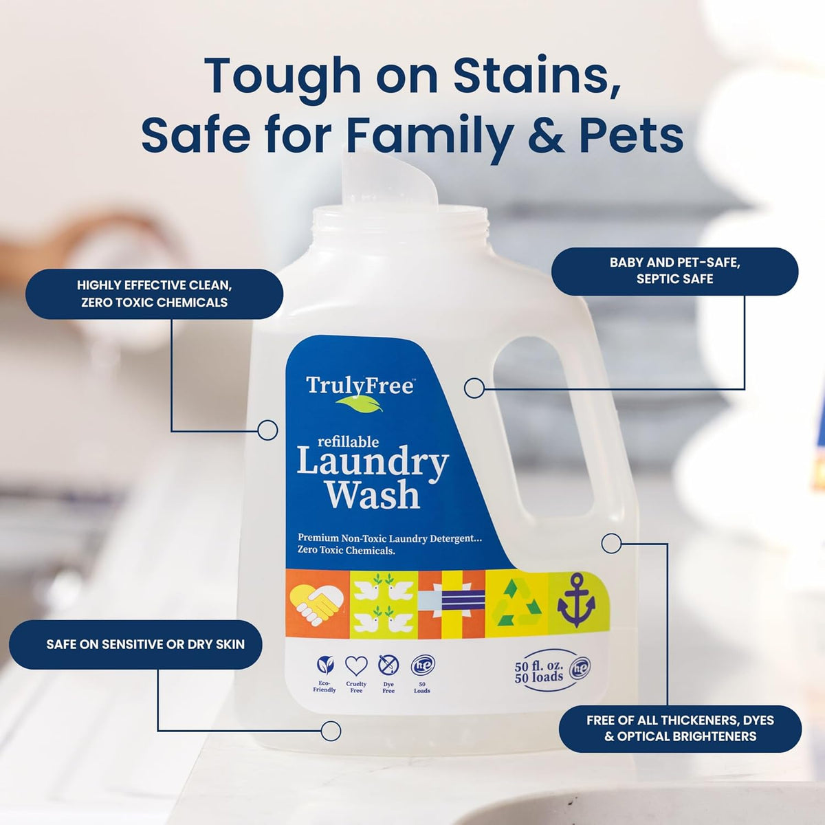 Laundry Wash Detergent for Sensitive Skin, Gentle & Safe for Baby Clothes | Plant-Based, Natural Ingredients | Unscented | Include 1 Refillable Bottle (50 Loads)