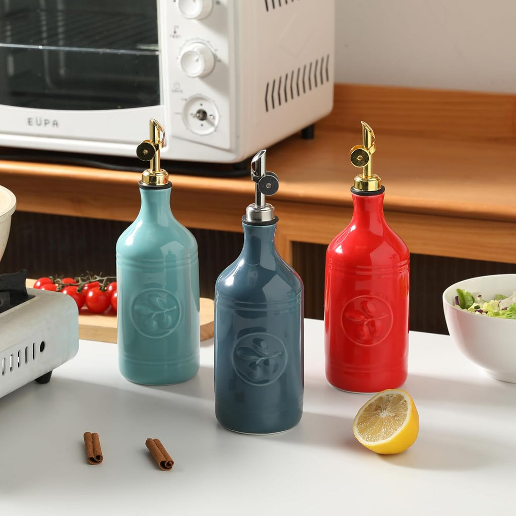 Sweejar 16 Oz Ceramic Olive Oil Dispenser Bottle, Oil Dispenser for Kitchen with Gravity Spout, Relief Opaque Oil Container for Evoo, Avocado Oil, Vinegar, Soy Sauce, 1 Pack(Fog Blue, Gold Spout)