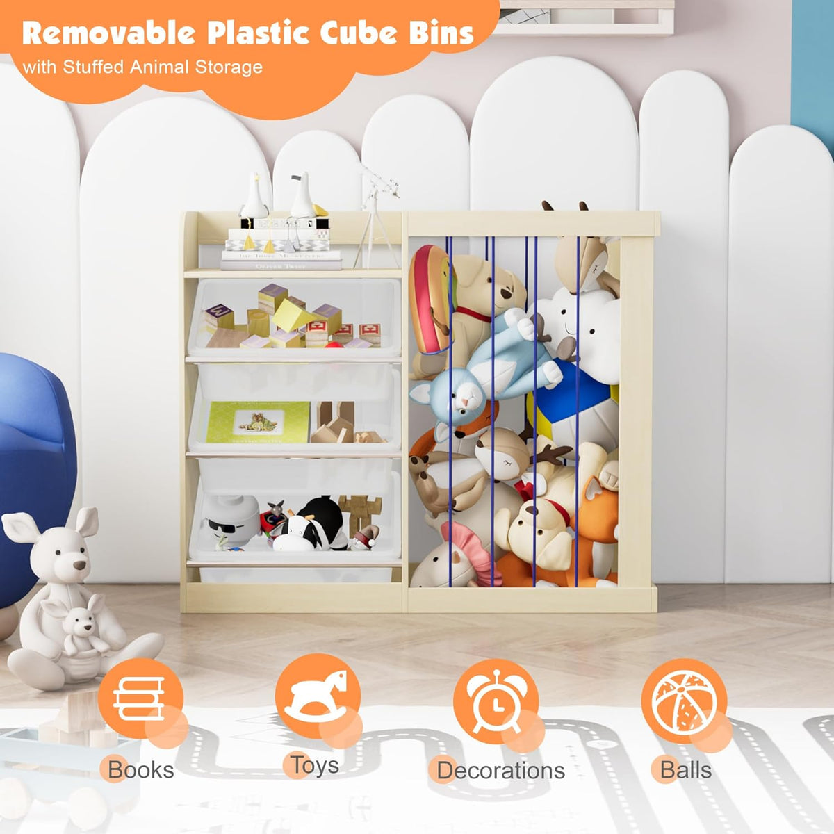 Kids Toy Storage Organizer with 3 Removable Plastic Bins Toddler Montessori Bookshelf with Stuffed Animal Net Holder Baby Bookcase Plush Organizer for Playroom, Bedroom,,Kids Room,Classroom,Nursery