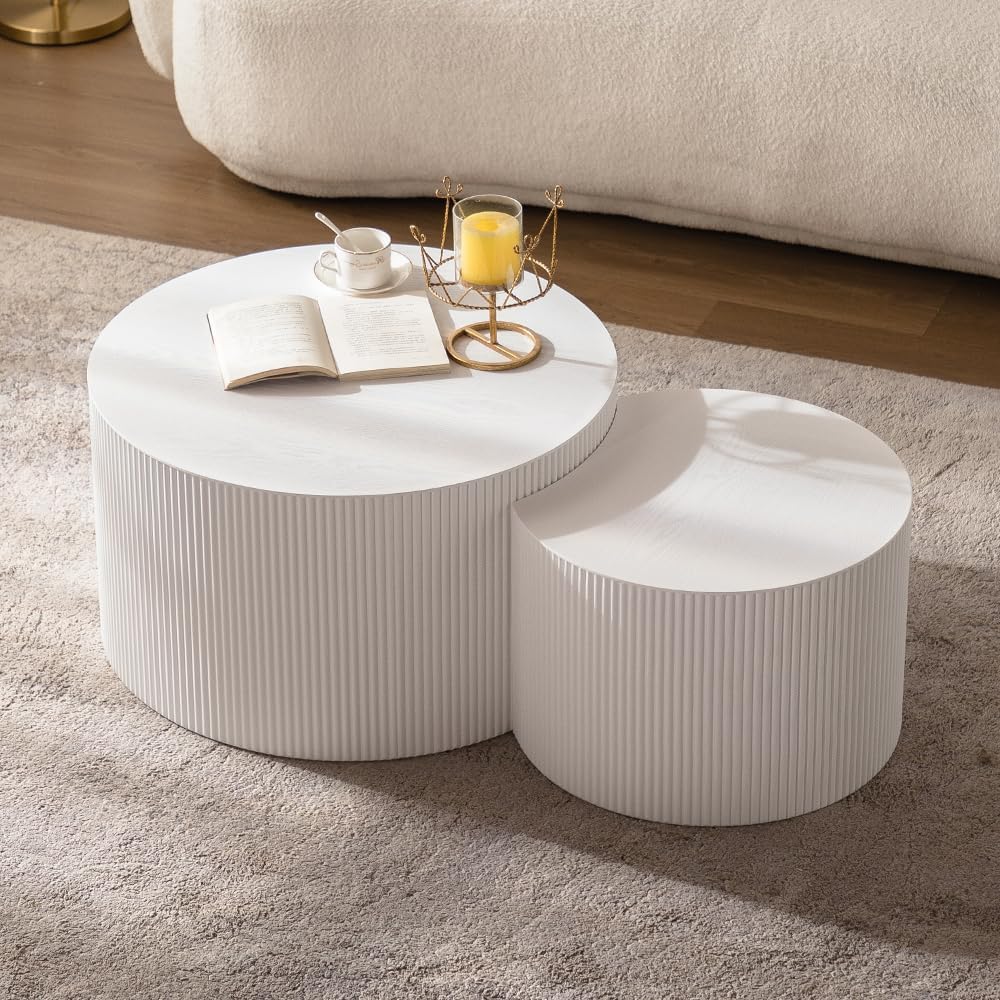 Round Nesting Coffee Table Set of 2 Modern Cream Fluted Coffee Table Small Round End Table Crescent Side Table Circular Coffee Tables Nested Coffee Tables for Living Room (Cream Large)