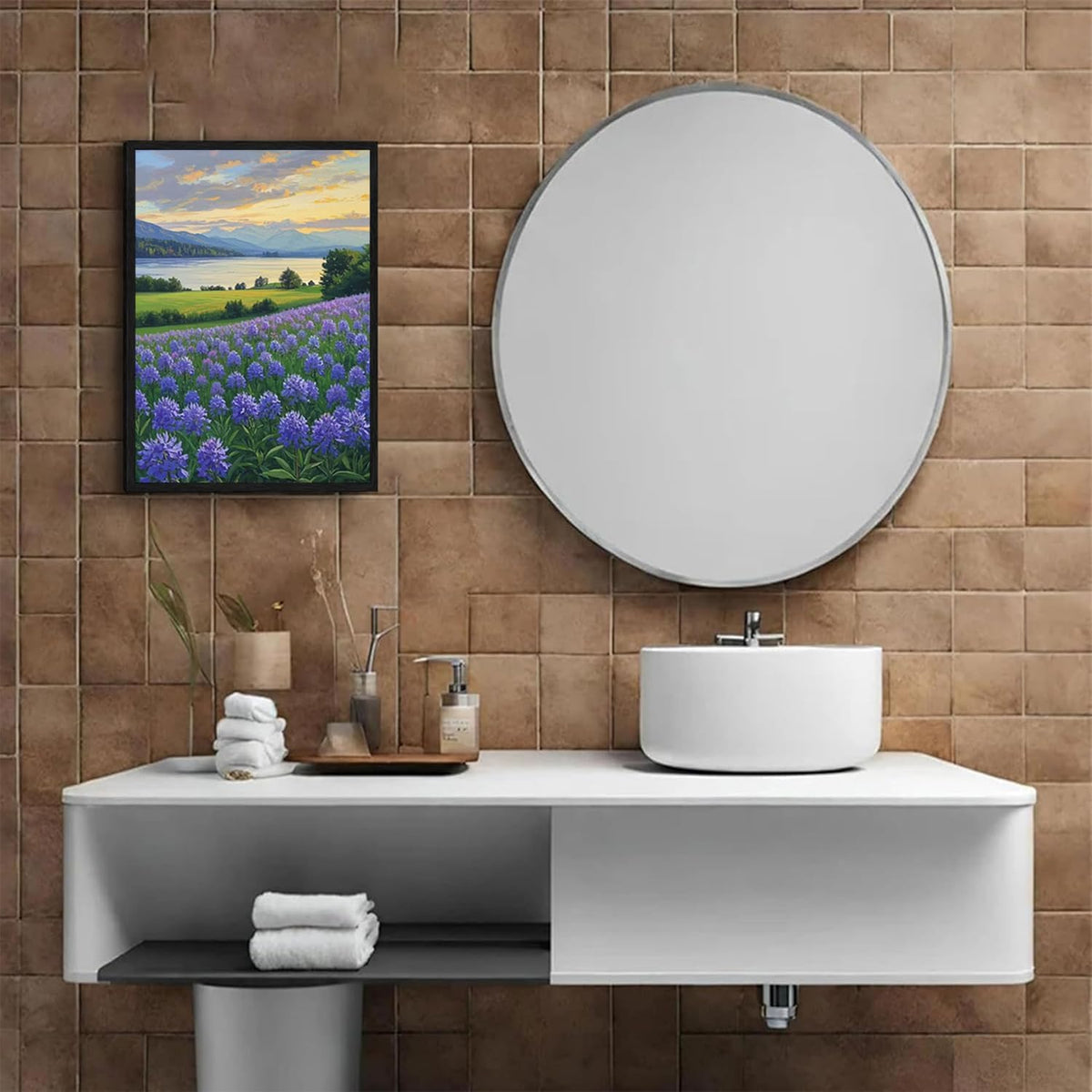 The lavender scenery all over the lake at sunset is suitable for posting in the living room bedroom office landscape poster wall painting