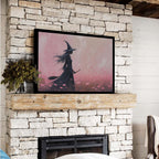 JFHCQJPK Witch in the pink sea of flowers Halloween prints weird flowers wall art silhouette painting fashionable romantic decoration suitable for bedroom8x12in Metal blackFramed