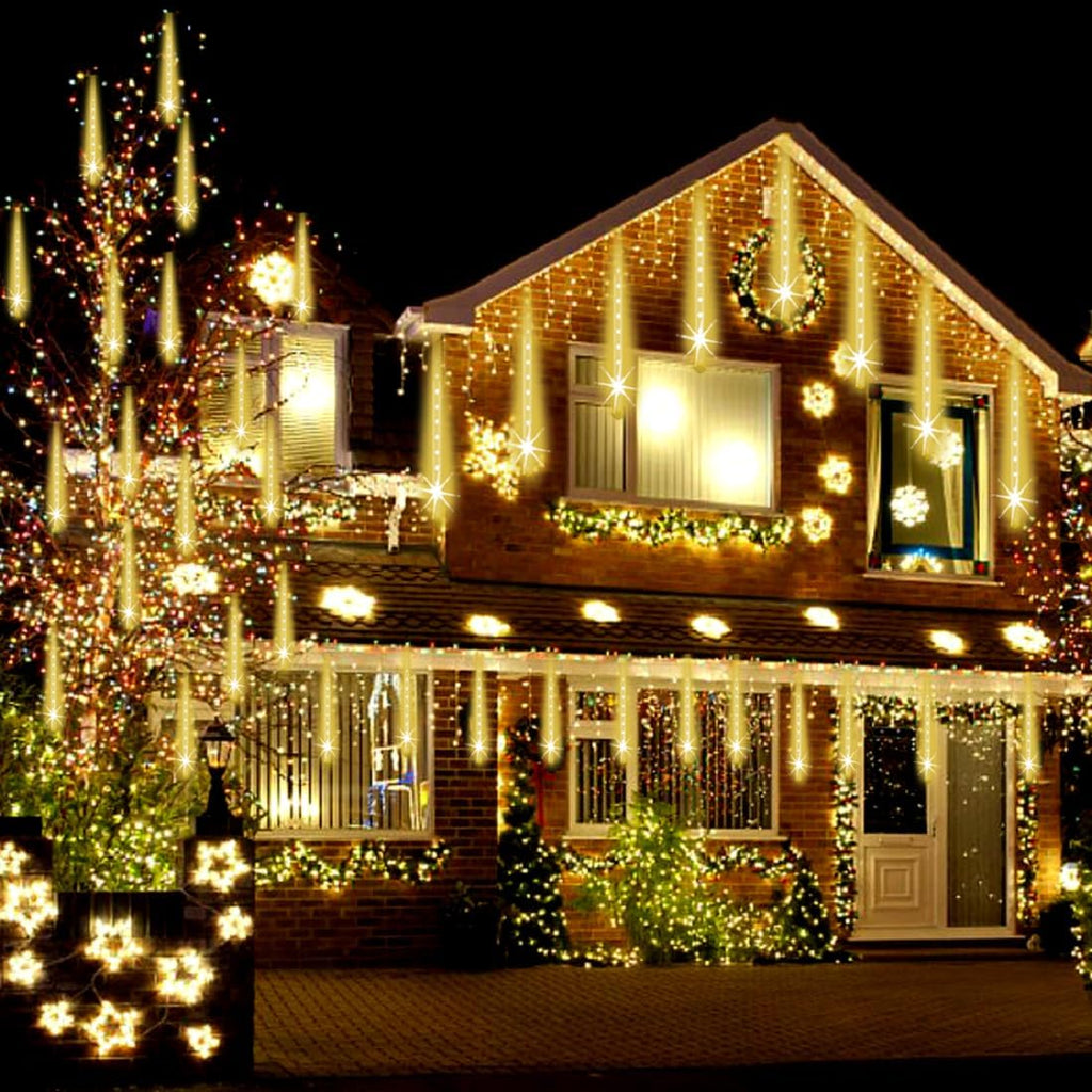 Christmas Lights Outdoor, UL Certified Falling Rain Drop Light 8 Tubes 192 LED Meteor Shower Lights Snow Dripping Icicle Light for Xmas Tree Christmas Decorations Holiday Party, Warm White