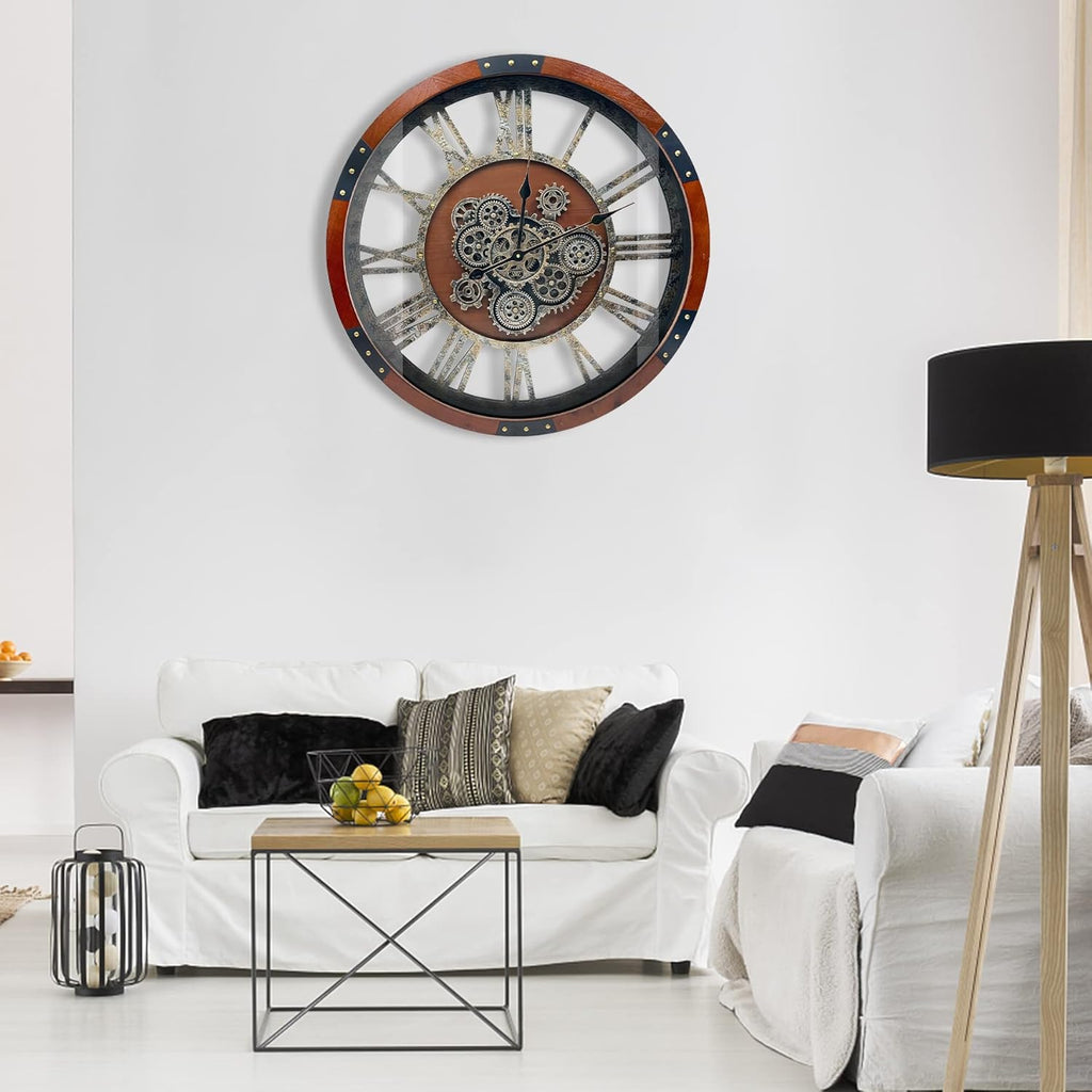 DORBOKER 30" Original Moving Gears Wall Clock, Large Industrial Wall Clock for Living Room Decor, Retro Wood Vintage Farmhouse Steampunk Rustic Clocks for Wall Decor,Black Walnut