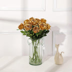 Gold Fake Roses Artificial Flowers - 10 Pcs Fake Artificial Roses Silk Flowers with Stems for Home Wedding Hotel Office Centerpiece Decor