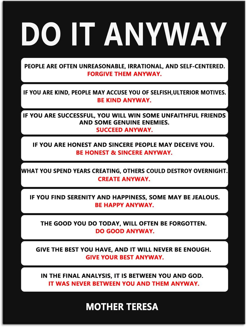 Inspirational Poster Motivational Wall Art Do It Anyway Mother Teresa Quote Canvas Prints Artwork for Office Living Room Modern Home Decor Painting Pictures Stretched and Framed [30''Wx 40''H]