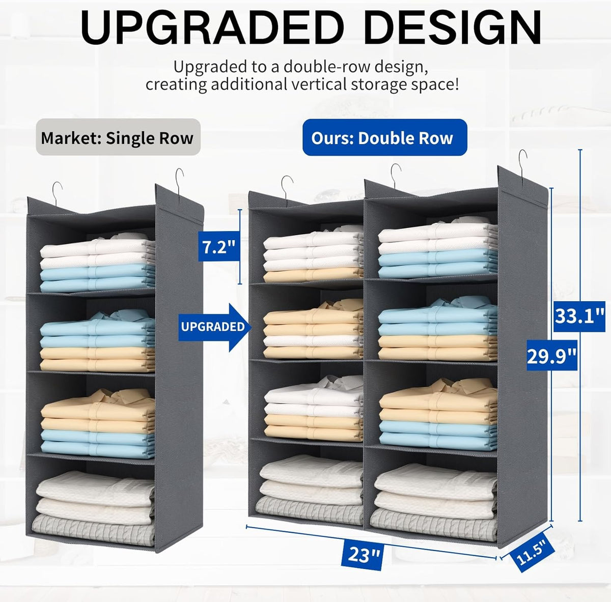 4 Tier Shelf Hanging Closet Organizer, Dual-Row 8 Pocket Cloth Hanging Shelf with 3 Sturdy Hooks for Storage, Foldable (Grey)
