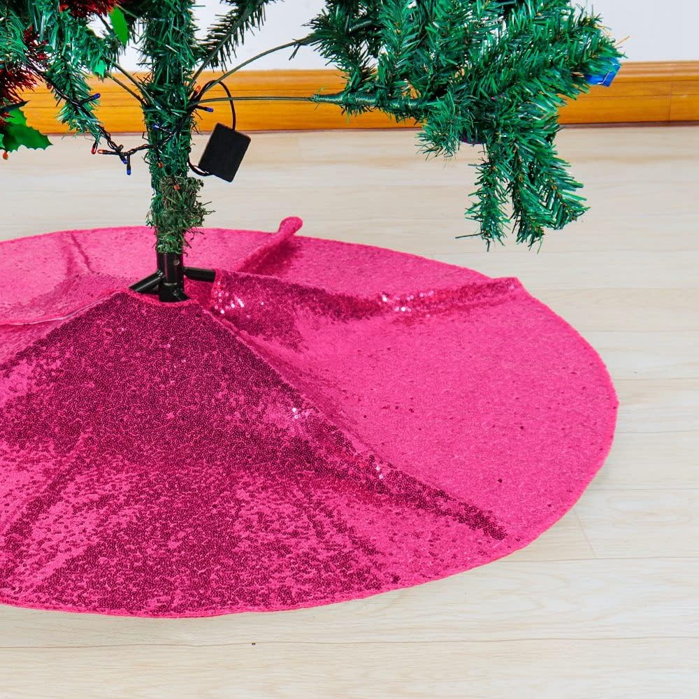 Partisout 48Inch Sequin Tree Skirt Christmas Skirts for Xmas Hawaii Rustic Cartoon Elegant Halloween Trees (Hot Pink)