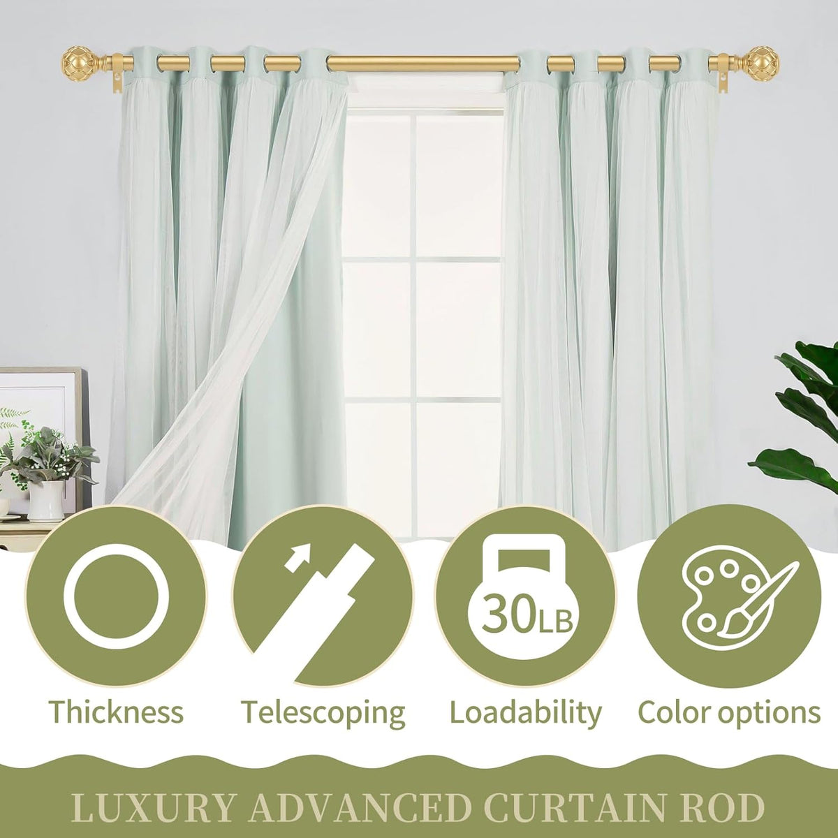 Gold Adjustable Curtain Rods for Windows:Farmhouse Heavy Duty Curtain Rod for Bedroom Living Room,Boho Decorative Rustic Drapery Rod with Vintage Coastal Texture Finial,Brass Gold 2Pack 18-45"