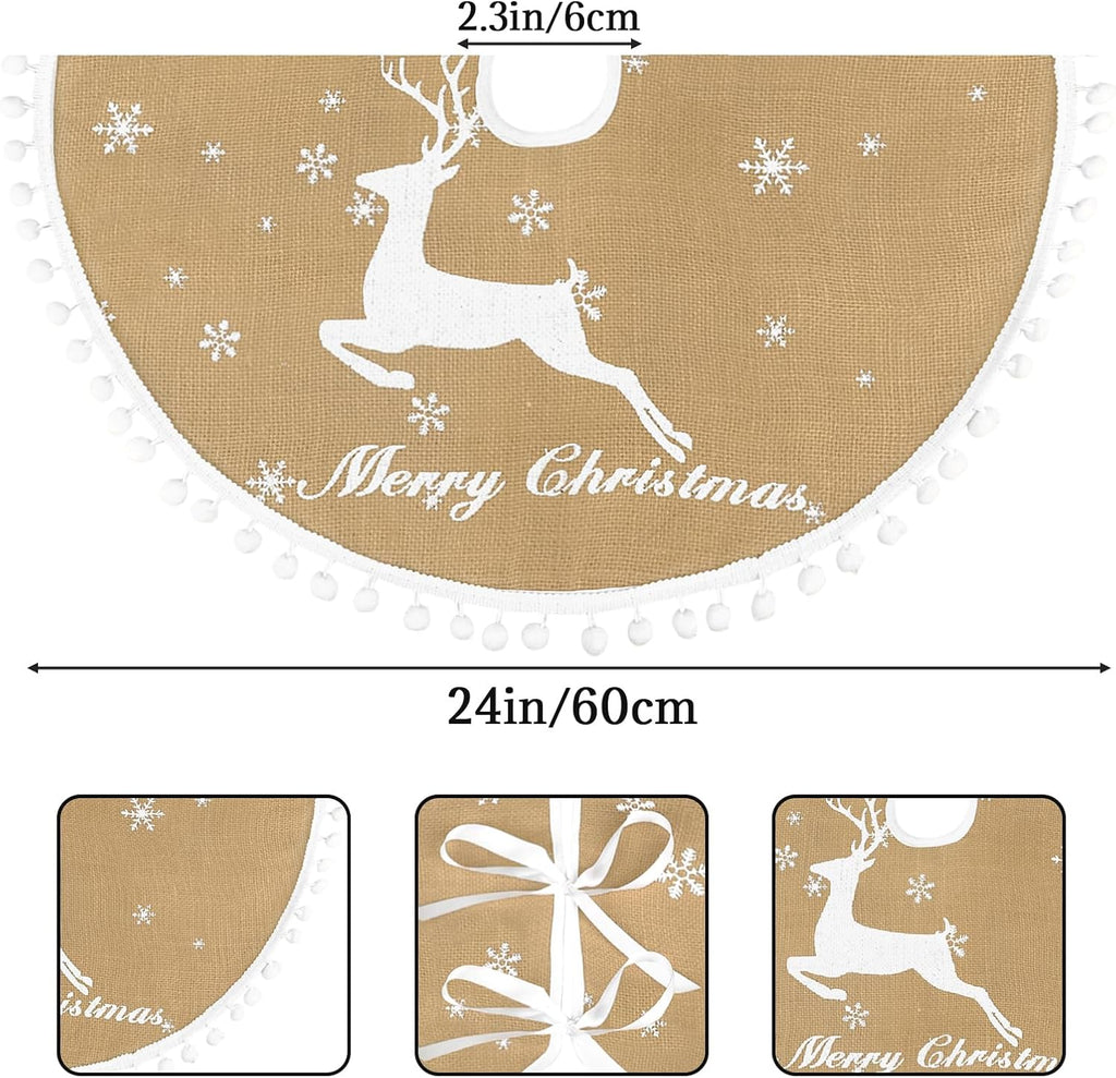 24 Inch Christmas Tree Skirt, Burlap Linen Color Christmas Rustic Tree Skirt with Elk Deer and White Snowflake Printed for Holiday Party Xmas Tree Decoration