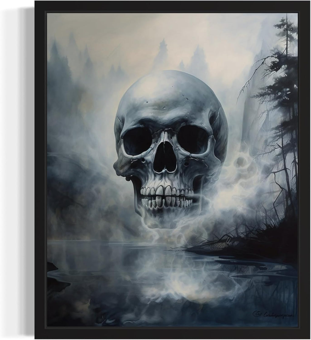 Foggy Skull Poster Art Print, Halloween Scary Vintage Wall Art Academia Spooky Painting Decoration for Horror Prints, Gothic Posters Bedroom Decor 89 (Foggy Skull, 16 x 20 inches, Black Frame)