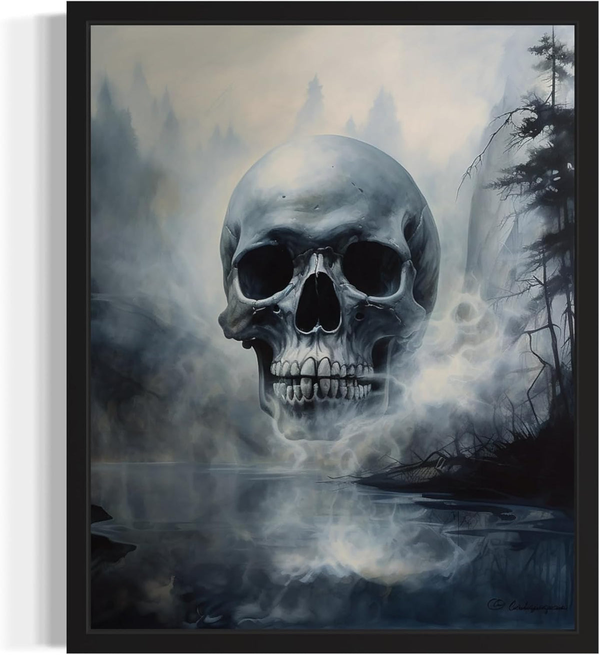 Foggy Skull Poster Art Print, Halloween Scary Vintage Wall Art Academia Spooky Painting Decoration for Horror Prints, Gothic Posters Bedroom Decor 89 (Foggy Skull, 11 x 14 inches, Black Frame)
