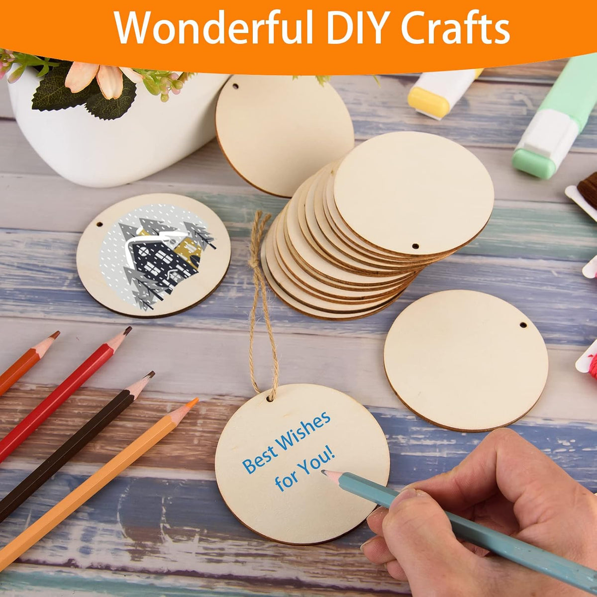 120 Pcs 3 Inch Unfinished Rounds Wooden Circles with Holes Wooden Tags Round Wood Discs Cutouts for Crafts Natural Blank Wood Circle Ornaments Hanging Tags for DIY Crafts, Painting, Christmas Decor