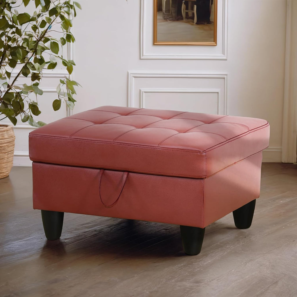 Ottoman Rectangular Storage Ottoman Bench, Faux Leather Footrest, Coffee Table, Stool Footstool with Hinged Lid for Living Room, Bedroom, Entryway, Red, 35"x23.5"x17.5"