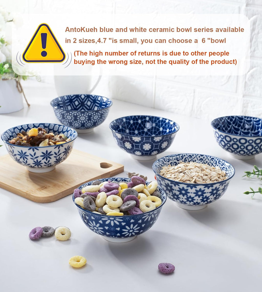 Blue and White Ceramic Bowls Set of 6, 4.7in Small Dessert bowl 10 oz for ice cream, Snack, Porcelain bowl for Dipping,Dishwasher/Microwave safe