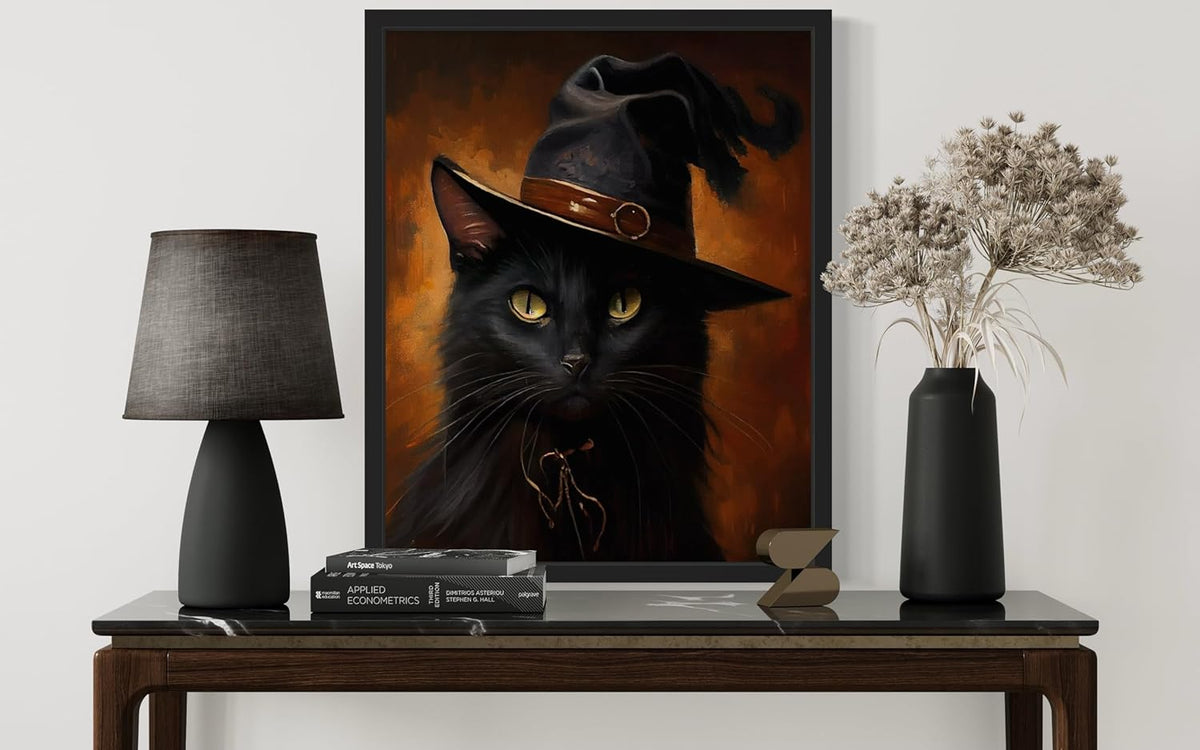 Witch Cat Poster Art Print, Halloween Scary Vintage Wall Art Academia Spooky Painting Decoration for Horror Prints, Gothic Posters Bedroom Decor 89 (Witch Cat, 11 x 14 inches, Black Frame)
