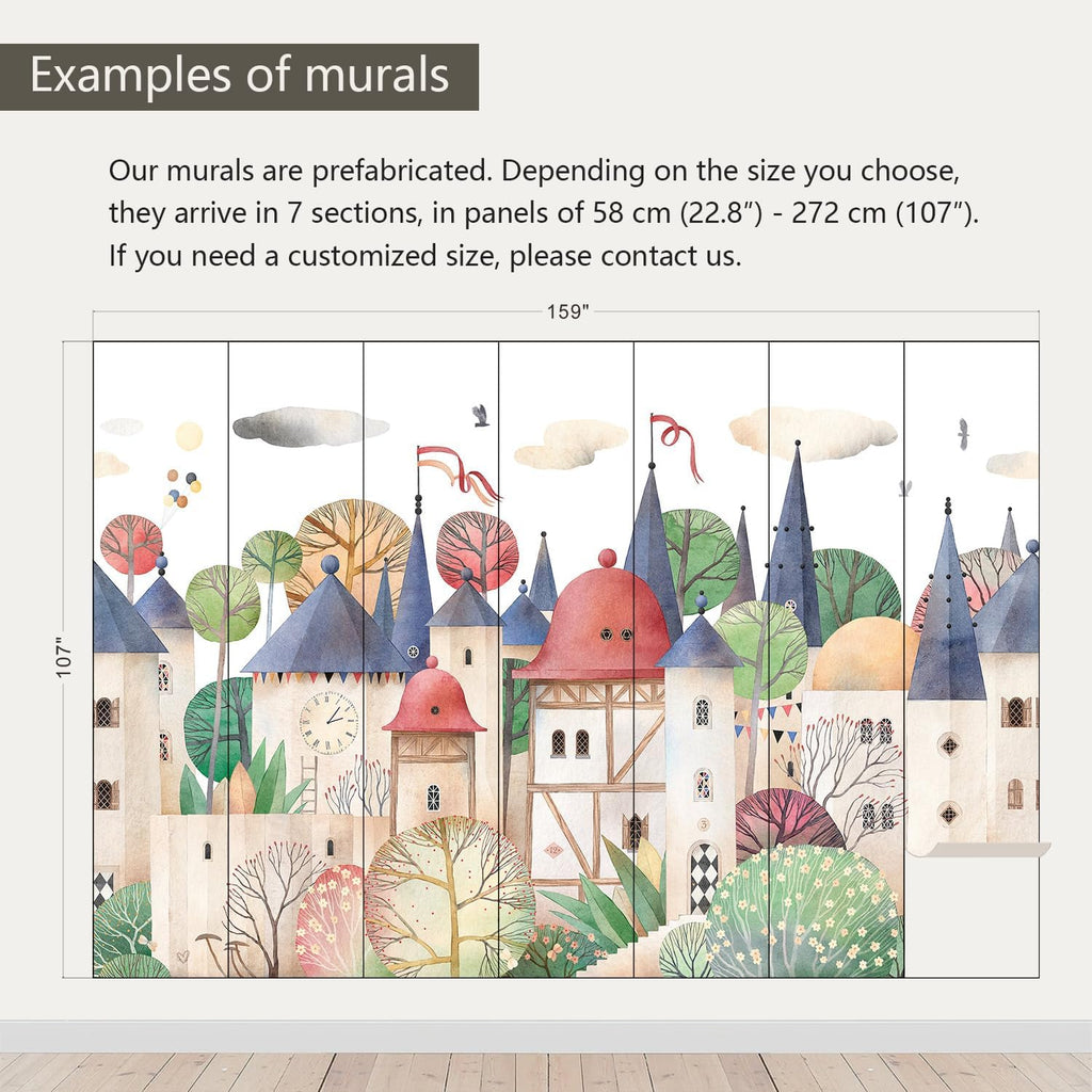 AFZEVEB-Cartoon Watercolor House Nursery Wallpaper Wall murals for Kids Room 159"x107" (Not Peel and Stick)