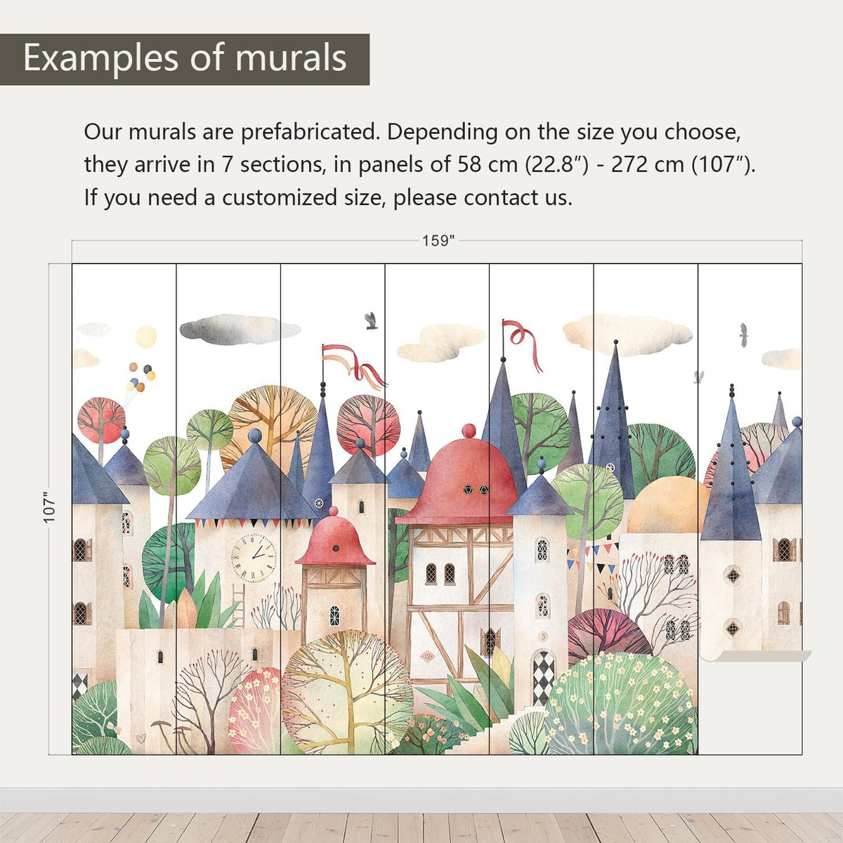 AFZEVEB-Cartoon Watercolor House Nursery Wallpaper Wall murals for Kids Room 159"x107" (Not Peel and Stick)