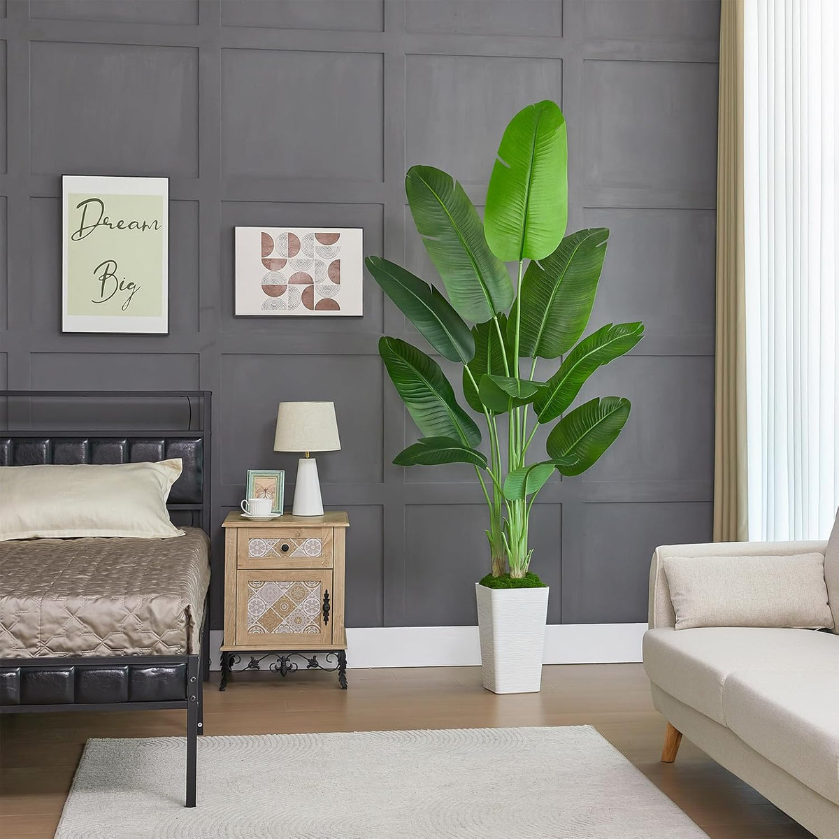 Lifelike Bird of Paradise Silk Artificial Plant Faux Banana Leaf Tree for Home Decor - Perfect Indoor Floor Plant with 9 Trunks (1, Black Planter, 5 FT)