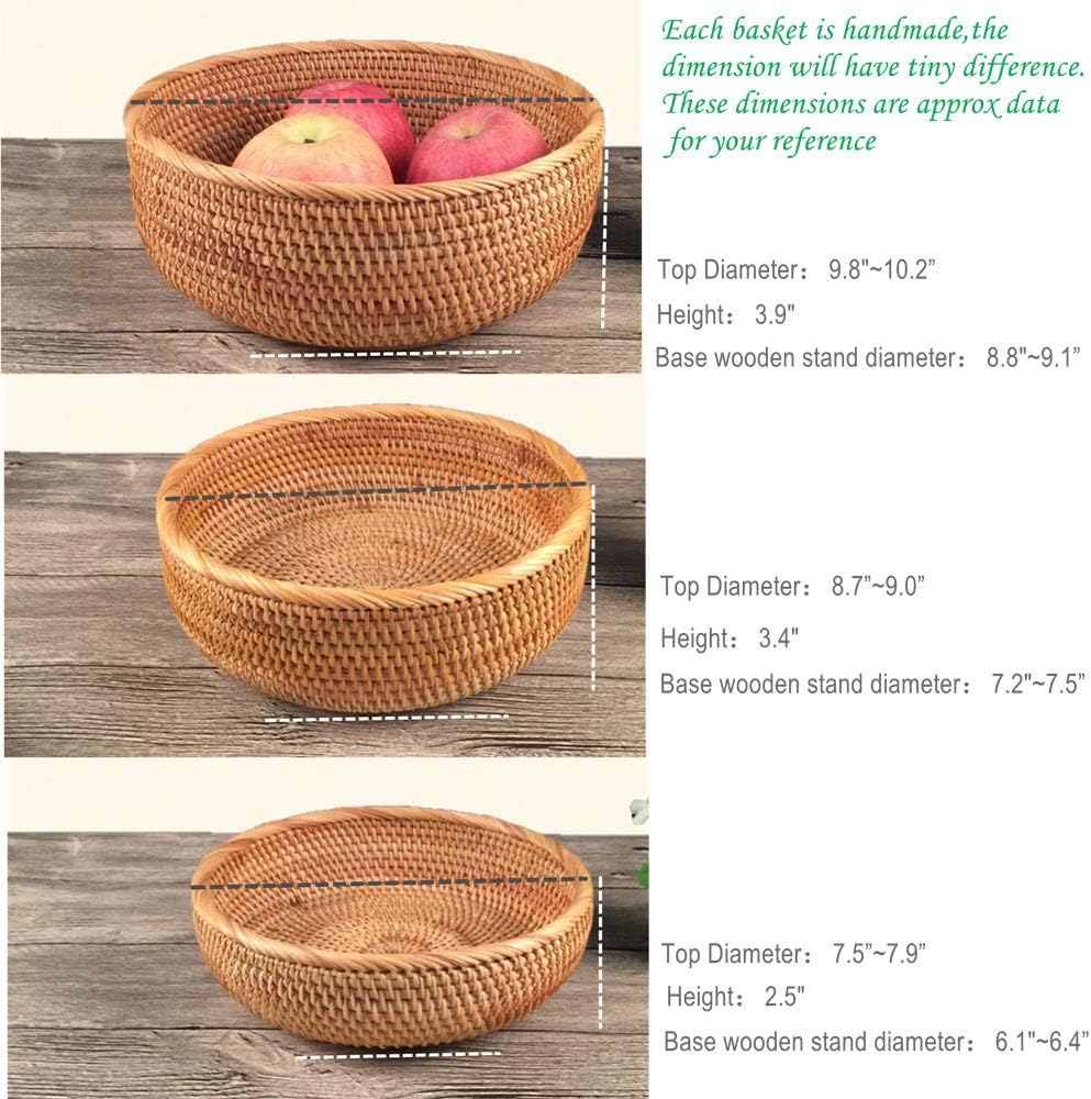 3 Pack Hadewoven Round Rattan Fruit Basket Wicker Food Tray Weaving Storage Holder Dinning Room Bowl, 10 Inch Small Wicker Basket Serving Tray Woven Basket for Bread,Snack,Brown(3-Size Kit)