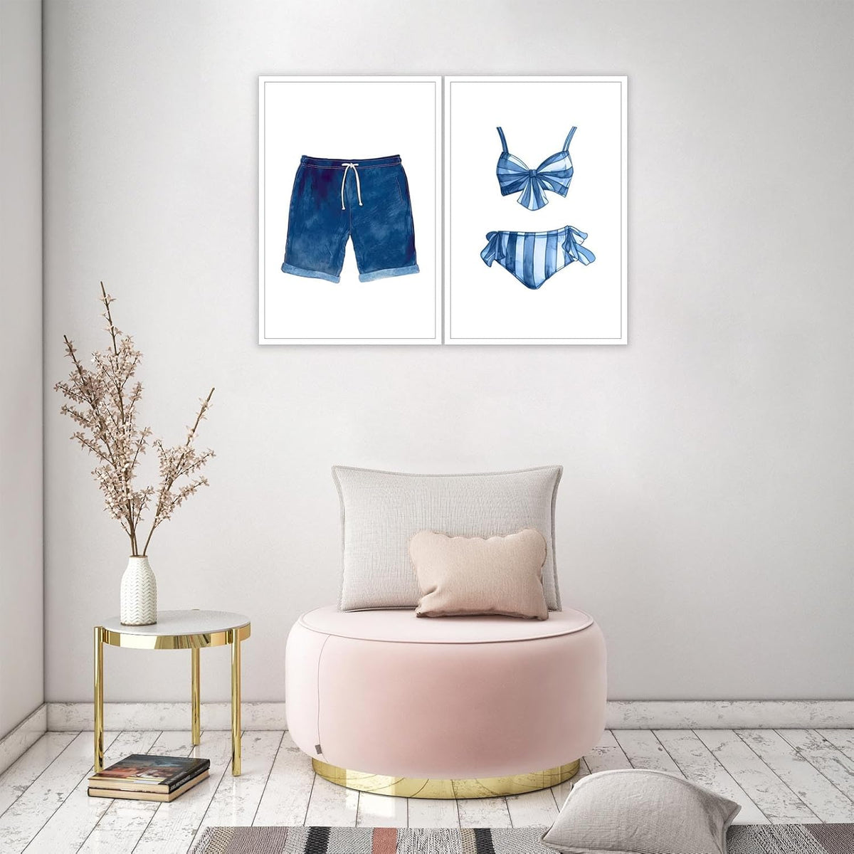 Liyark Set of 2 Retro Navy Blue And White Swimsuit Art Posters Beach Bathing Suit Prints Painting Beach House Wall Art Coastal Wall Decor Pictures For Bathroom Home Decoration 24x36in Unframed