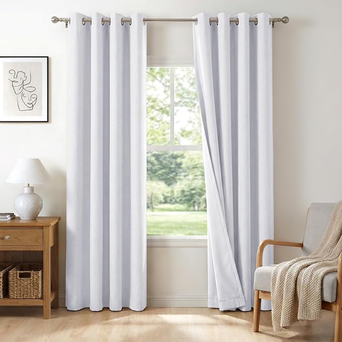 100% Blackout Linen Textured Curtains 72 Inch Long, Bright White | 100% by 100BlackoutShield